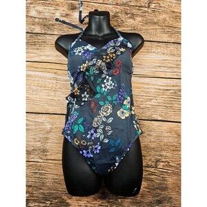 Time And Tru Womens M 8-10 One Piece Swimsuit Bathing Gray Floral Ruffle